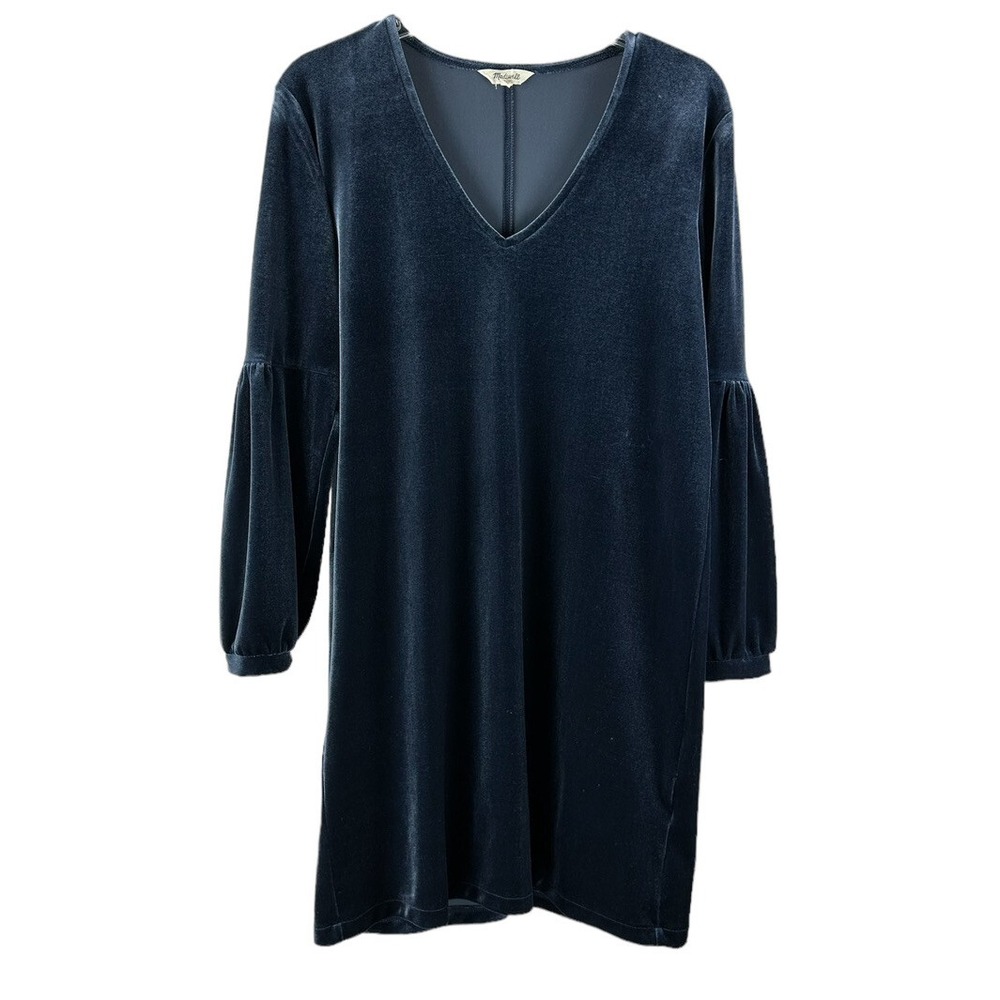 Madewell Blue Velvet Balloon Sleeve Dress $78 SZ XS Minimalist Dark Romance